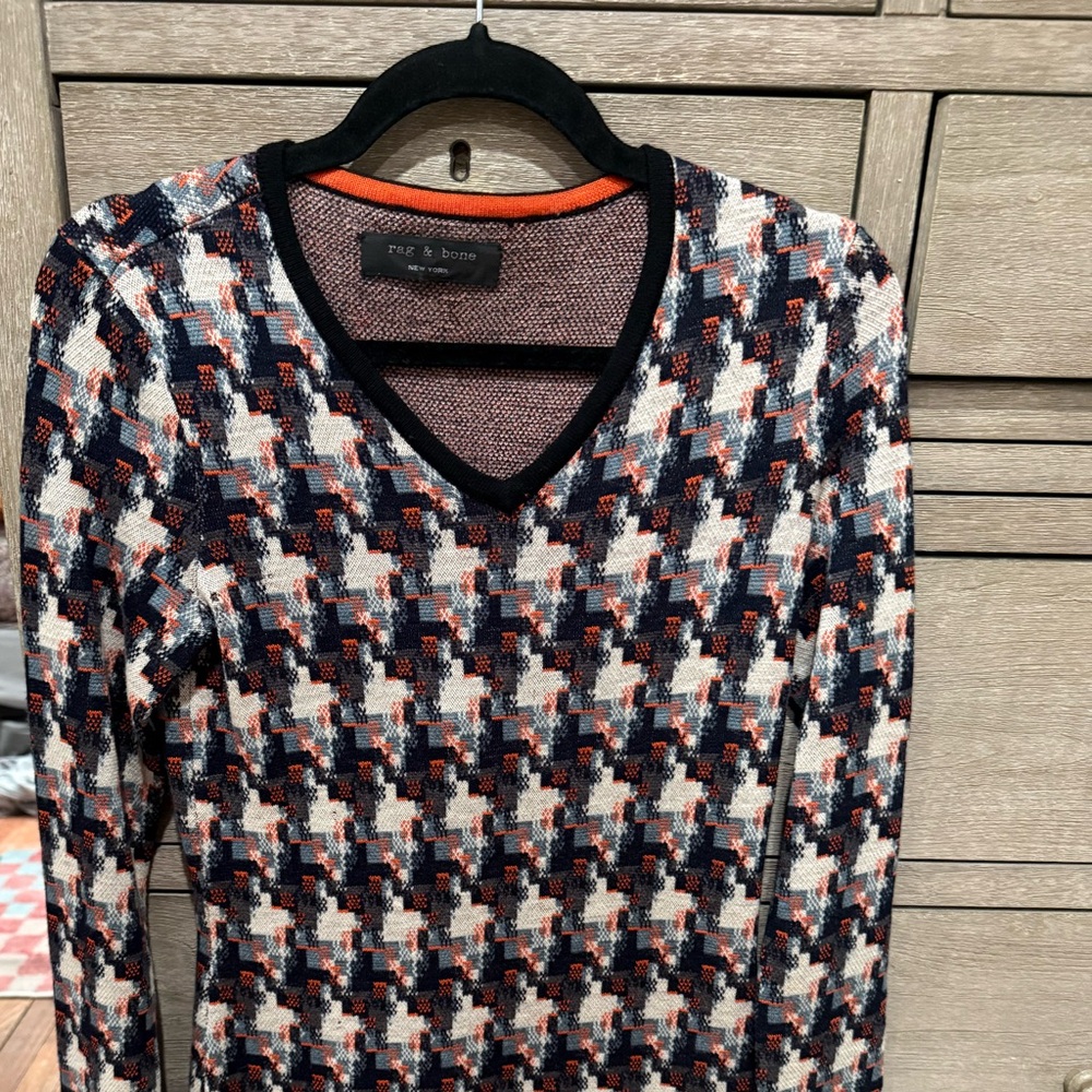 rag & bone Navy, Cream & Rust Houndstooth V-Neck Knit Dress